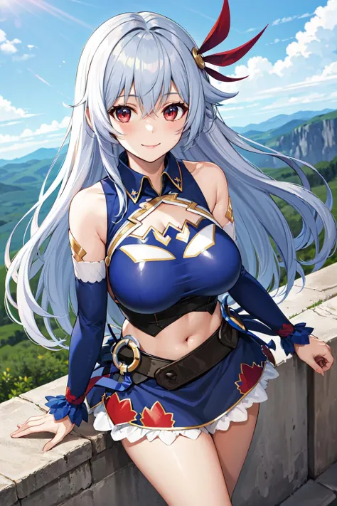 best quality,1girl,((big breasts:1.5)),curvy,orgasm,ahegao,blush,EleonoraViltaria, red eyes, white hair, long hair, bangs, sidelocks, hair ornament, blue crop top, cleavage, golden ornament, shirt collar, blue sleeves past elbows, skirt, belt, red boots,mini skirt,lift skirt,upskirt,white panties,lace panties,black thighhighs,pussy juice,walking