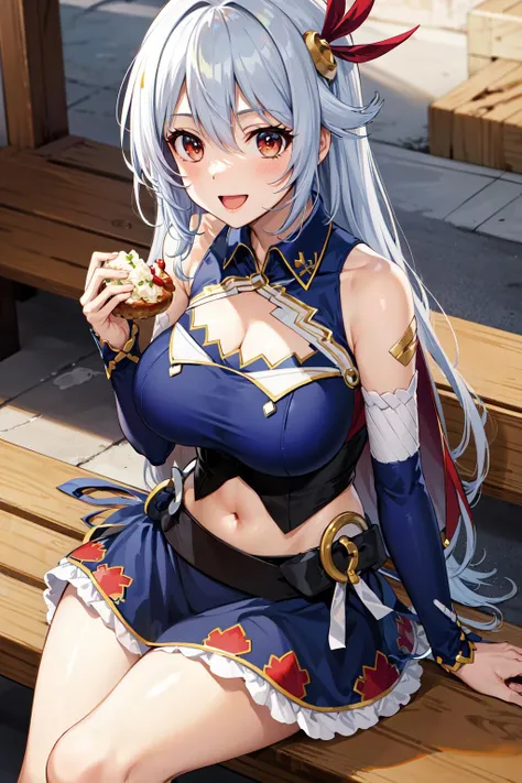 masterpiece, best quality, highres, Eleonora Viltaria, long hair, hair ornament, large breasts, cleavage, clothing cutout, blue shirt, sleeveless shirt, detached sleeves, midriff, skirt, blue skirt, sitting, bench, holding food, food, open mouth, smile