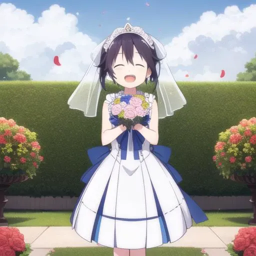 <lora:shioKoubeHappySugar_v10:1> 1girl, Shio, short twintails, wearing a wedding dress with a veil, happy, holding a large bouquet of roses, outdoors, nature, beautiful garden of flowers, flower petals in the air, flower petals scattered on the ground, pretty sky, wedding venue, flowers in vases in the background