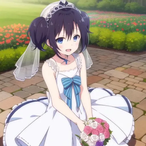 <lora:shioKoubeHappySugar_v10:1> 1girl, Shio, short twintails, wearing a wedding dress with a veil, happy, holding a large bouquet of roses, outdoors, nature, beautiful garden of flowers,  flower petals in the air, flower petals scattered on the ground, pretty sky