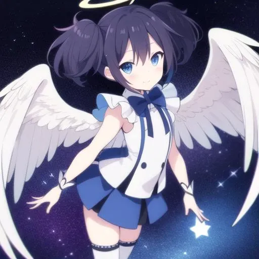<lora:shioKoubeHappySugar_v10:1> Shio, short twintails, dark blue hair, star themed white and rainbow magical girl outfit with ruffles, white stylized angel wings, angel halo, thigh high socks