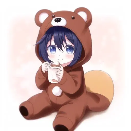 <lora:shioKoubeHappySugar_v10:1> Shio, very dark blue eyes, dark blue hair, wearing over sized tan colored bear onesie with a hood with big bear ears, long sleeves that cover hands, cream colored fluffy bear tail, cute, small, happy, sitting in the living room on a couch, sitting at the table, drinking hot cocoa with little marshmallows and whipped cream and chocolate shavings on top, pastel colored candy and desserts background
