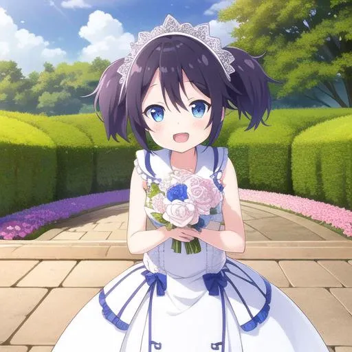 <lora:shioKoubeHappySugar_v10:1> 1girl, Shio, short twintails, wearing a wedding dress with a veil, happy, holding a large bouquet of roses, outdoors, nature, beautiful garden of flowers,  flower petals in the air, flower petals scattered on the ground, pretty sky
