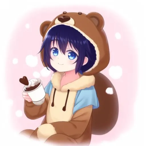 <lora:shioKoubeHappySugar_v10:1> Shio, very dark blue eyes, dark blue hair, wearing over sized tan colored bear onesie with a hood with big bear ears, long sleeves that cover hands, cream colored fluffy bear tail, cute, small, happy, sitting in the living room on a couch, sitting at the table, drinking hot cocoa with little marshmallows and whipped cream and chocolate shavings on top
