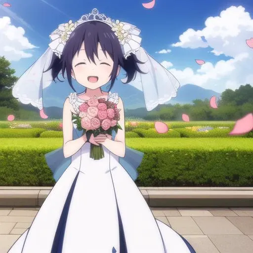 <lora:shioKoubeHappySugar_v10:1> 1girl, Shio, short twintails, wearing a wedding dress with a veil, happy, holding a large bouquet of roses, outdoors, nature, beautiful garden of flowers,  flower petals in the air, flower petals scattered on the ground, pretty sky, wedding venue, flowers in vases in the background