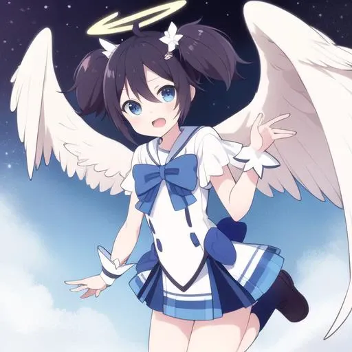 <lora:shioKoubeHappySugar_v10:1> Shio, short twintails, magical girl outfit, white stylized angel wings, angel halo