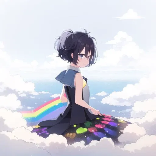<lora:shioKoubeHappySugar_v10:1> Shio, petite girl, short twintails, dark blue hair, wearing sleeveless blue dress covered in rainbows, clouds, and colorful teddy bear print texture