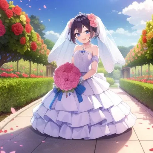 <lora:shioKoubeHappySugar_v10:1> 1girl, Shio, short twintails, wearing a wedding dress with a veil, happy, holding a large bouquet of roses, outdoors, nature, beautiful garden of flowers, flower petals in the air, flower petals scattered on the ground, pretty sky, wedding venue, flowers in vases in the background
