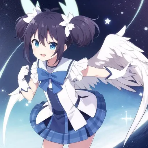 <lora:shioKoubeHappySugar_v10:1> Shio, short twintails, magical girl outfit, white stylized angel wings, angel halo