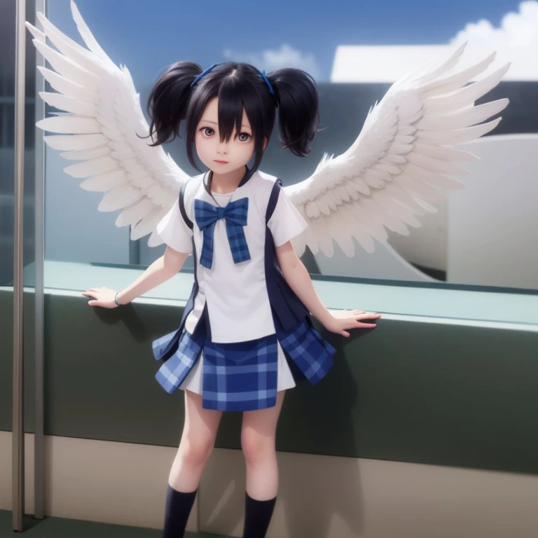 <lora:shioKoubeHappySugar_v10:1> Shio, petite girl,  short twintails,  clouds, angelic wings