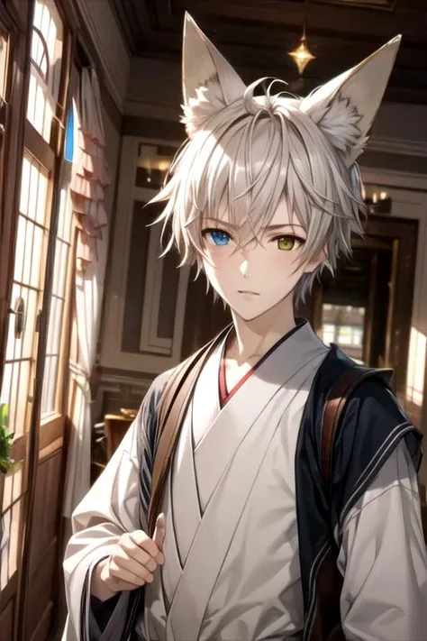masterpiece, best quality, game cg, 1boy, solo, male focus, looking at viewer, upper body, depth of field, anime coloring, , <lora:soushi_miketsukami:0.70>, soushi_miketsukami, grey hair, yellow eyes, heterochromia, blue eyes, animal ears, fox ears, fox boy, fox tail, , neverland: A lost island where children can stay forever young,