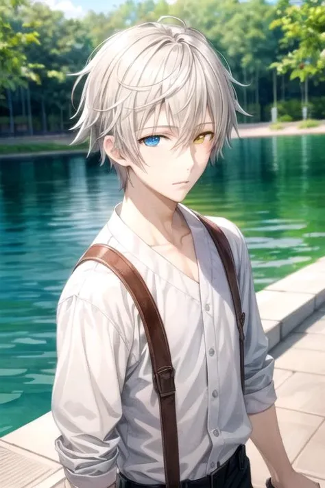 masterpiece, best quality, game cg, 1boy, solo, male focus, looking at viewer, , depth of field, (watercolor illustration, soft pastel colors:1.1), , <lora:soushi_miketsukami:0.70>, soushi_miketsukami, grey hair, yellow eyes, heterochromia, blue eyes, , , , lake, 12k resolution