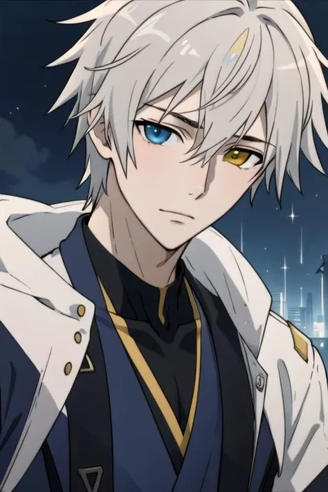 masterpiece, best quality, movie still, 1boy, solo, male focus, looking at viewer, upper body, depth of field, anime coloring, , <lora:soushi_miketsukami:0.66>, soushi_miketsukami, grey hair, yellow eyes, heterochromia, blue eyes, , irish costume, superhero fiction,