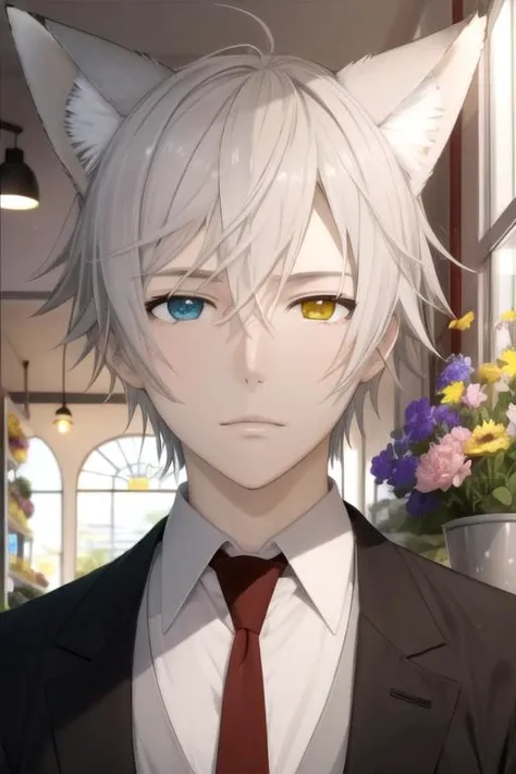 masterpiece, best quality, illustration, 1boy, solo, male focus, looking at viewer, upper body, depth of field, , , <lora:soushi_miketsukami:0.70>, soushi_miketsukami, grey hair, yellow eyes, heterochromia, blue eyes, animal ears, fox ears, fox boy, fox tail, , flower shop,