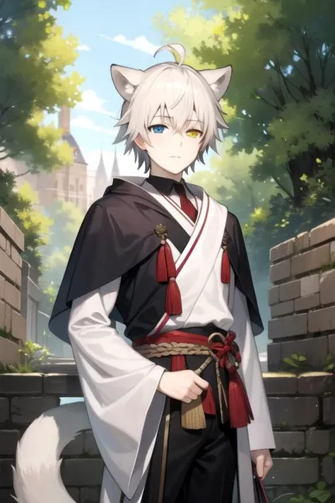 masterpiece, best quality, movie still, 1boy, solo, male focus, looking at viewer, , depth of field, , , <lora:soushi_miketsukami:0.68>, soushi_miketsukami, grey hair, yellow eyes, heterochromia, blue eyes, animal ears, fox ears, fox boy, fox tail, , Narnia: A land of talking animals and magical creatures, ruled by Aslan the lion,