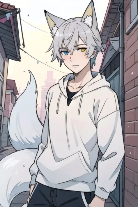 masterpiece, best quality, photorealistic, 1boy, solo, male focus, looking at viewer, upper body, , (watercolor illustration, soft pastel colors:1.1), , <lora:soushi_miketsukami:0.66>, soushi_miketsukami, grey hair, yellow eyes, heterochromia, blue eyes, animal ears, fox ears, fox boy, fox tail, gym shorts, , alley,