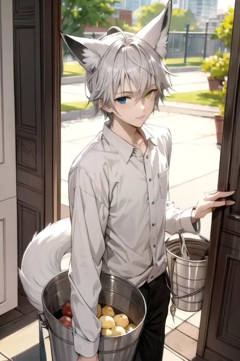 masterpiece, best quality, sketch, 1boy, solo, male focus, looking at viewer, , , anime coloring, , <lora:soushi_miketsukami:0.68>, soushi_miketsukami, grey hair, yellow eyes, heterochromia, blue eyes, animal ears, fox ears, fox boy, fox tail, long-sleeve shirt, bucket hat, fantasy,