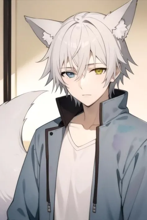 masterpiece, best quality, wallpaper, 1boy, solo, male focus, looking at viewer, , depth of field, (watercolor illustration, soft pastel colors:1.1), , <lora:soushi_miketsukami:0.72>, soushi_miketsukami, grey hair, yellow eyes, heterochromia, blue eyes, animal ears, fox ears, fox boy, fox tail, , , feminist science fiction,