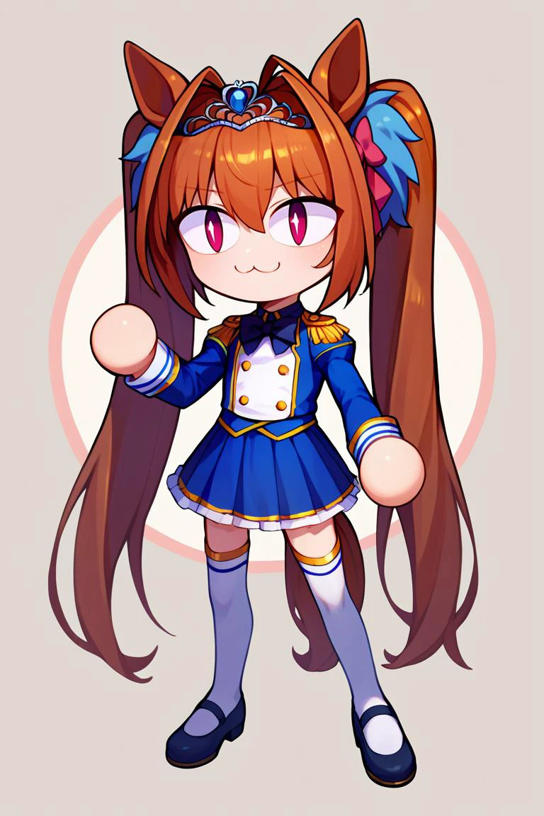score_9, score_8_up, score_7_up, score_6_up, score_5_up, score_4_up, BREAK, solo, <lora:necoarc-guy-PONY-v1:.95>, necoarc, lit pupils, cat ears, chibi, :3, abstract background, full body, <lora:umamusume_daiwascarlet_ponyXL:0.9> daiwadef, twintails, tiara, horse ears, underbust, center frills, bowtie, epaulettes, long sleeves, skirt, thighhighs, horse tail