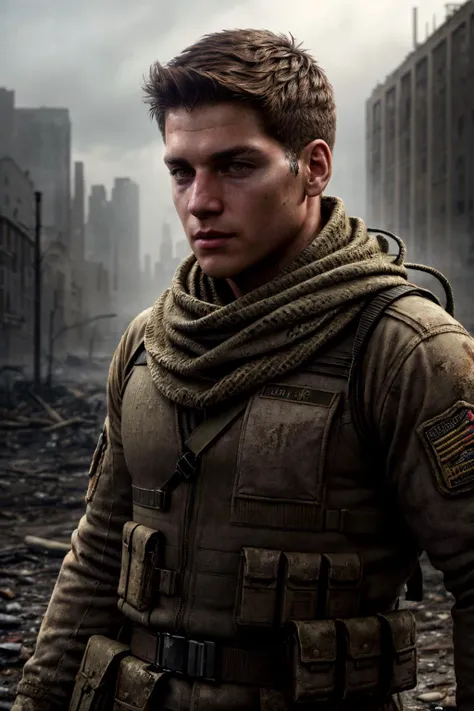 masterpiece, best quality, ultra detailed, photorealistic, close up, solo, <lora:piers_v2:0.8>, piers, brown_hair, brown_eyes, scarf, uniform, military, military_uniform, abandoned and desolate park, horror, cinematic, trending on Artstation, <lora:add_detail:1>