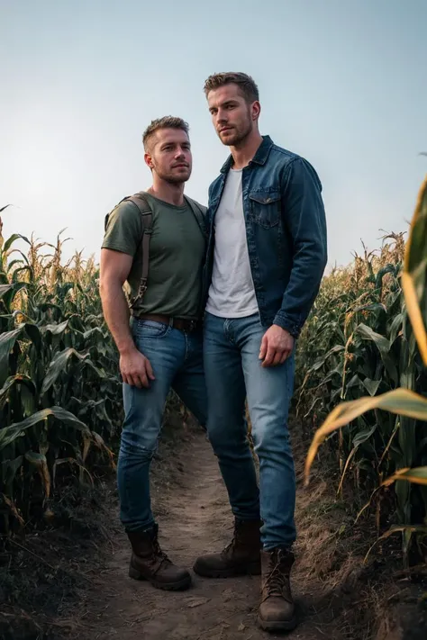 photo of Geoffry and Skipton, two men, exploring a corn row maze, jeans, hiking boots, RAW photo, 8k uhd, sharp focus, cinematic lighting