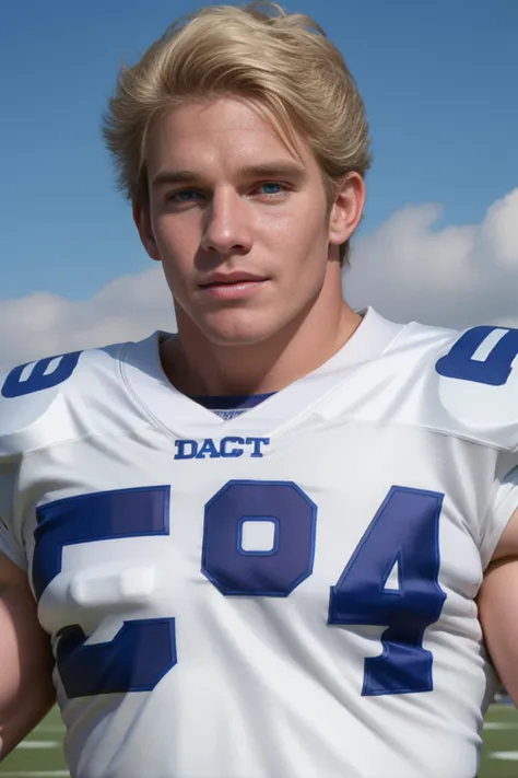 <lora:Dack_Rambo_GV:1> Dack, handsome young college football jock with bleached blonde hair and bright blue eyes.