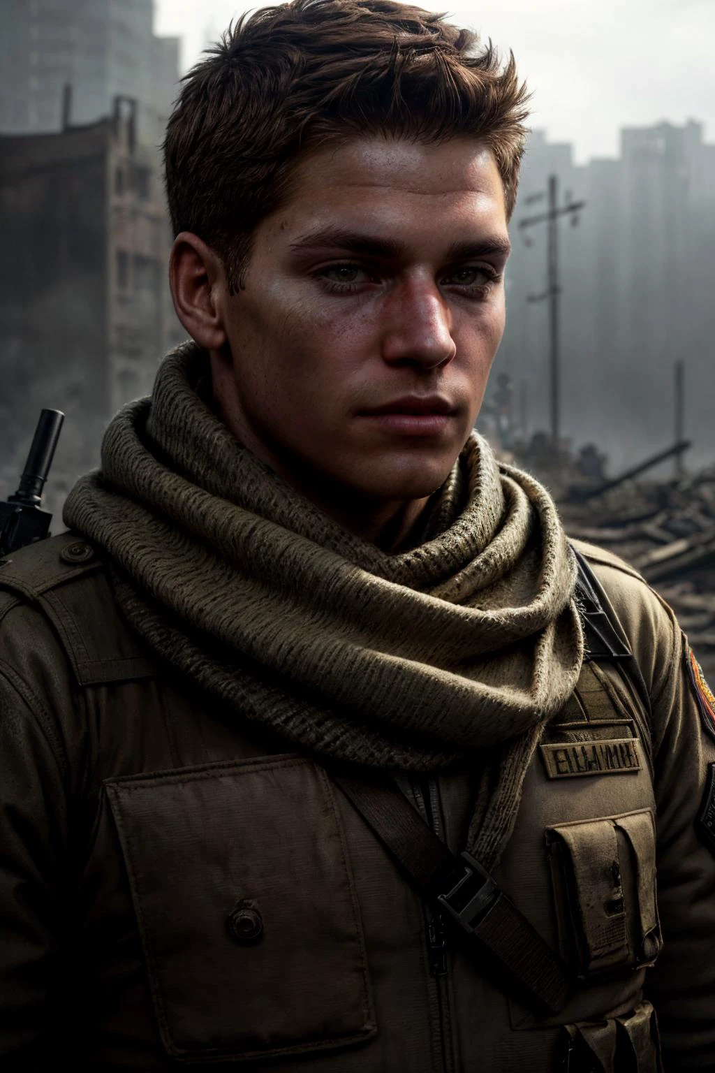 masterpiece, best quality, ultra detailed, photorealistic, close up, solo, <lora:piers_v2:0.8>, piers, brown_hair, brown_eyes, scarf, uniform, military, military_uniform, abandoned and desolate park, horror, cinematic, trending on Artstation, <lora:add_detail:1>