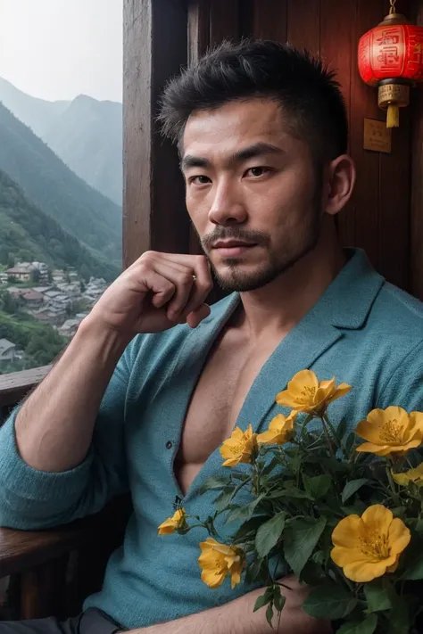 face portrait of a gruff muscular Chinese man in a cozy mountain inn overlooking a valley, manly, athletic body, wearing stylish clothes, detailed eyes, square jawline, stubble, arm hair, rule of thirds, flowers and plants, sharp focus, cinematic lighting