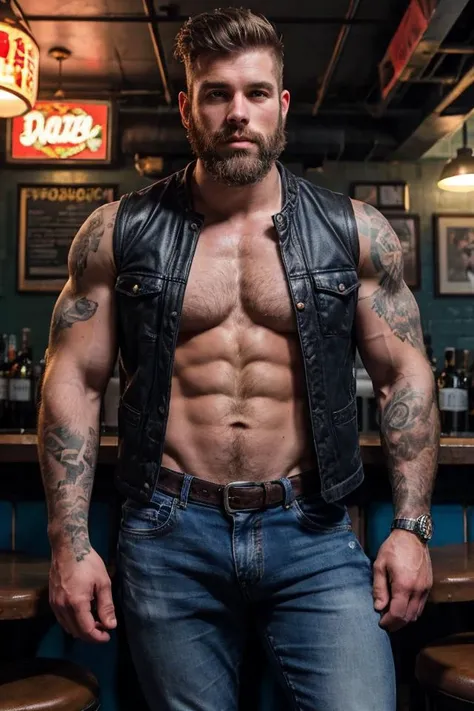 closeup photo of Benjamin, bandana, male focus, muscular, tattoo, beard, 30-year-old man, biker, jeans, vest, hyper realistic, best quality, award winning photo, wide angle shot, head to toe, at the dive bar, RAW photo, 8k uhd, sharp focus, cinematic lighting