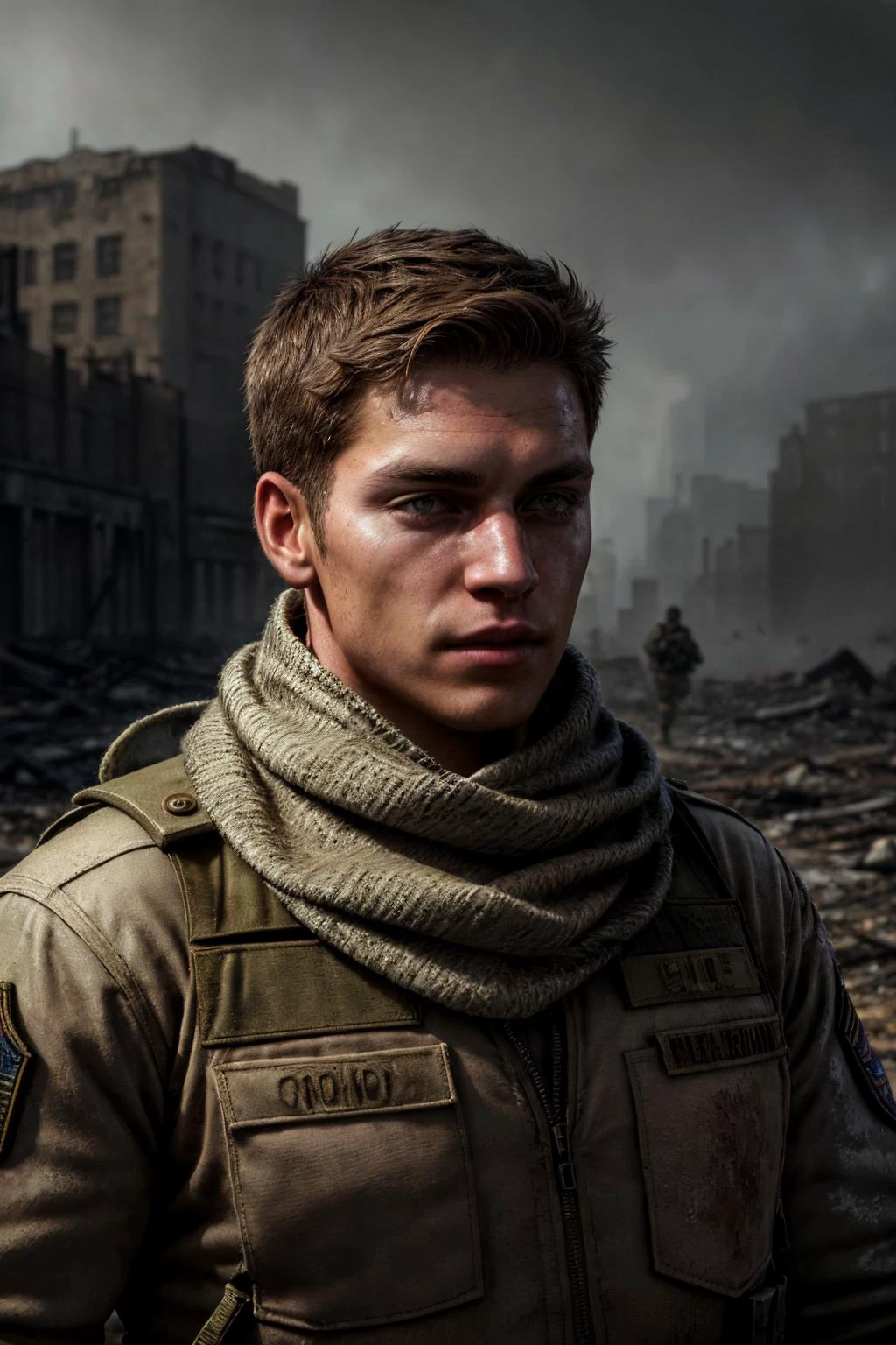 masterpiece, best quality, ultra detailed, photorealistic, close up, solo, <lora:piers_v2:0.8>, piers, brown_hair, brown_eyes, scarf, uniform, military, military_uniform, abandoned and desolate park, horror, cinematic, trending on Artstation, <lora:add_detail:1>