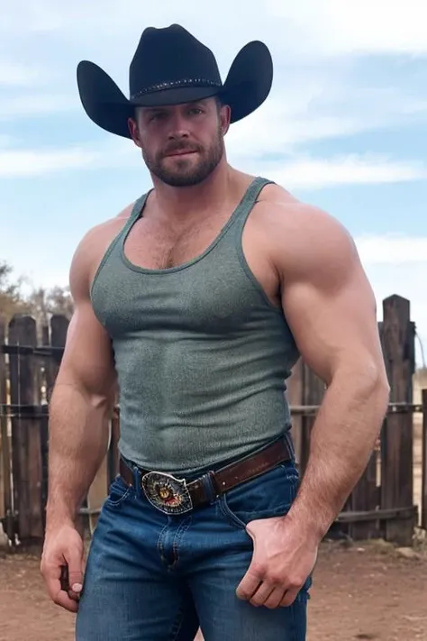 <lora:CaviarCowboy:0.6>, tank top, cowboy hat, muscular cowboy, realistic, at the rodeo