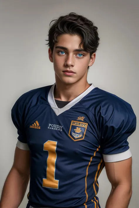 <lora:Aiden_GV_2.0:1> 1boy, Aiden, 18 year old male portrait, vivid black hair, bright blue eyes, football uniform