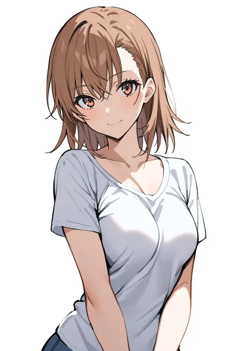 ((masutepiece, Best Quality, hight resolution, nffsw, Perfect Pixel, depth of fields, 4K, )), 1girl in, Solo, , Beautiful anime girl, Beautiful Art Style, close up, Looking at Viewer, Perfect body, Yuigahama Yui, Short hair, pink hair, hairbun, (large boob), cleavage, white tank top, jeans, smiling, winking, one eye open, hands on hips, blank white background, cowboy shot