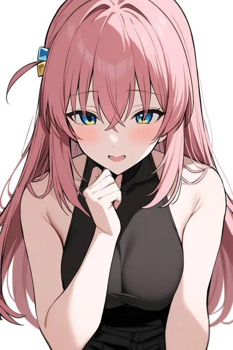 A pink haired woman with violet eyes with an hourglass figure in a cool leather dress is blushing underneath candle light