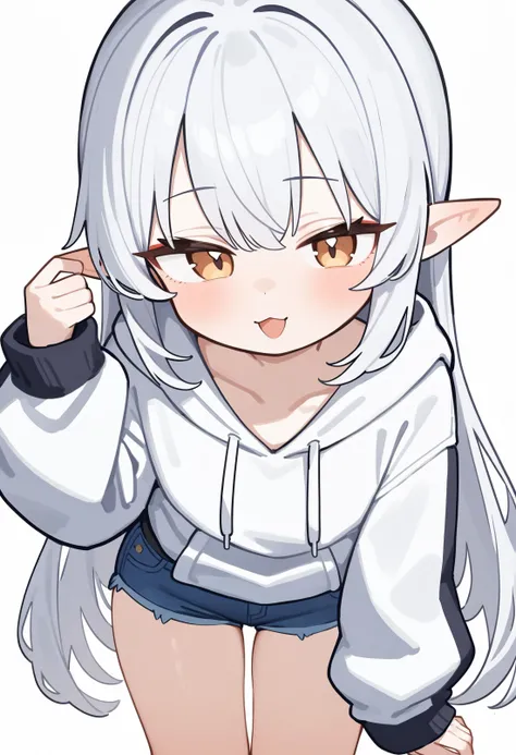 1girl, white hoodie, denim shorts,

white hair, pointy ears, long hair, petite,

white background,  

masterpiece, newest