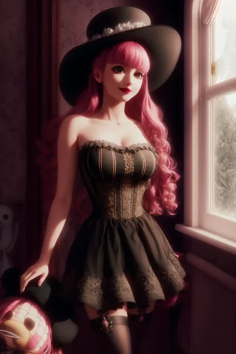 ultra realistic 8k cg, masterpiece, ((ultra detailed background, delicate pattern, intricate detail)), (highly detailed, fine details), best quality, 1girl, (photorealistic:1.4),beautiful lighting,  absurdres, RAW photo, film grain, ((medium breasts, slim girl)), Perona, 1girl, long hair, pink hair, solo, black eyes, blunt bangs, cleavage, twintails, drill hair, smile, dress, (small breasts), hat, lipstick, ghost, makeup, black dress, bare shoulders, strapless, stuffed toy, collarbone, frills, top hat, skirt, (thighhighs) (complex detailed background, inside, bedroom environment, posters, window), <lora:BeautifulDetailedEyes:0.4>,  <lora:DetailTweaker:0.5>,  <lora:Perona10:0.7>