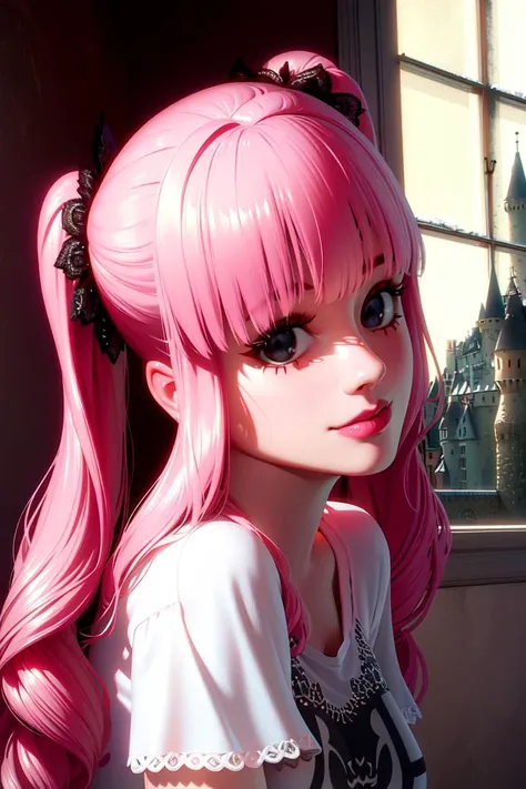 ultra realistic 8k cg, masterpiece, ((ultra detailed background, delicate pattern, intricate detail)), (highly detailed, fine details), best quality, 1girl, (photorealistic:1.4),beautiful lighting,  absurdres, RAW photo, film grain, PeronaChan, 1girl, long hair, pink hair, solo, black eyes, blunt bangs, twintails, drill hair, smile, (small breasts), lipstick, makeup,   ((short skirt, white T-shirt, simple T-shirt)), thighhighs (complex detailed background, complex detailed background, inside, castle room environment, medieval castle, gray walls, window, bookshelf),  (((close-up, portrait))), <lora:PeronaChan:0.8>