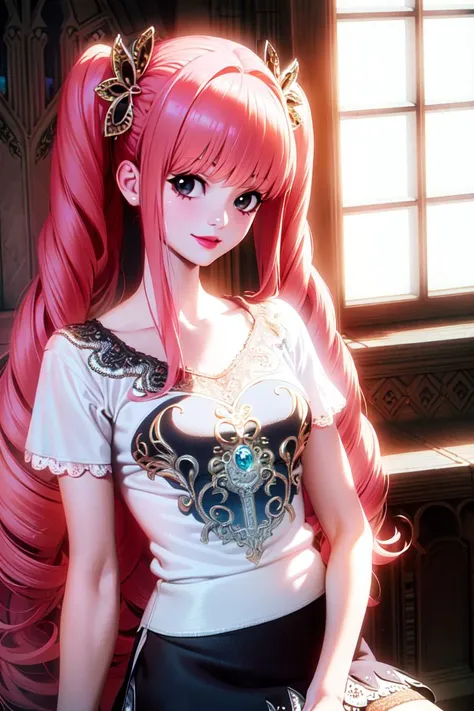 ultra realistic 8k cg, masterpiece, ((ultra detailed background, delicate pattern, intricate detail)), (highly detailed, fine details), best quality, 1girl, (photorealistic:1.4),beautiful lighting, absurdres, RAW photo, film grain, ((medium breasts, slim girl)), PeronaChan, 1girl, long hair, pink hair, solo, black eyes, blunt bangs, twintails, drill hair, smile, (small breasts), lipstick, makeup, ((short skirt, white T-shirt, simple T-shirt)), thighhighs (complex detailed background, complex detailed background, inside, castle room environment, medieval castle, gray walls, window, bookshelf), ((close-up, portrait)), <lora:PeronaChan:0.8>
