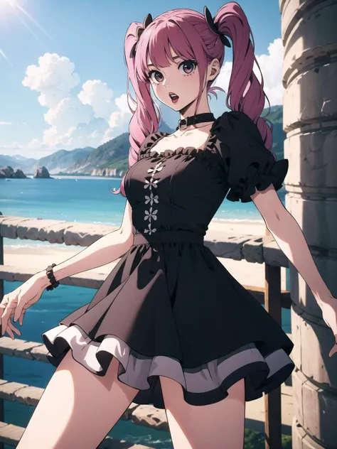 (cowboy shot),  (masterpiece), (best quality:1.0), (ultra highres:1.0), highly detailed face and eyes,
BREAK 
<lora:PeronaChan:0.8> PeronaChan, pink hair, braided twintails, yelling, posing, black lipstick
<lora:wearing puff_dress:0.4> wearing puff_dress
BREAK
outdoors, gorgeous view