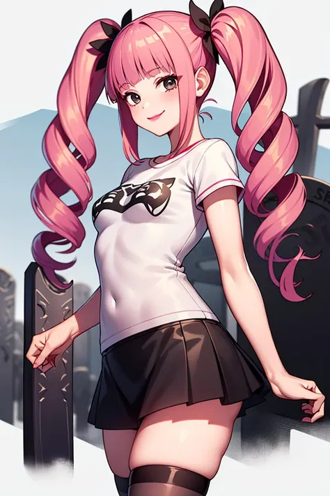 <lora:PeronaChan:0.5>, PeronaChan, 1girl, long hair, pink hair, solo, black eyes, blunt bangs, twintails, drill hair, smile, (small breasts), lipstick, makeup, ((short skirt, white T-shirt)), thighhighs (complex abstract background, detailed graveyard), cowboy shot,