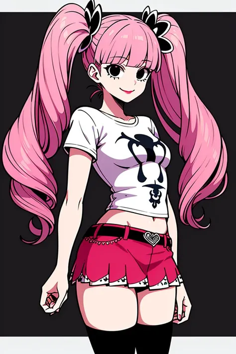 <lora:PeronaChan:1>, PeronaChan, 1girl, long hair, pink hair, solo, black eyes, blunt bangs, twintails, drill hair, smile, (small breasts), lipstick, makeup, ((short skirt, white T-shirt)), thighhighs (complex abstract background, detailed graveyard), cowboy shot,