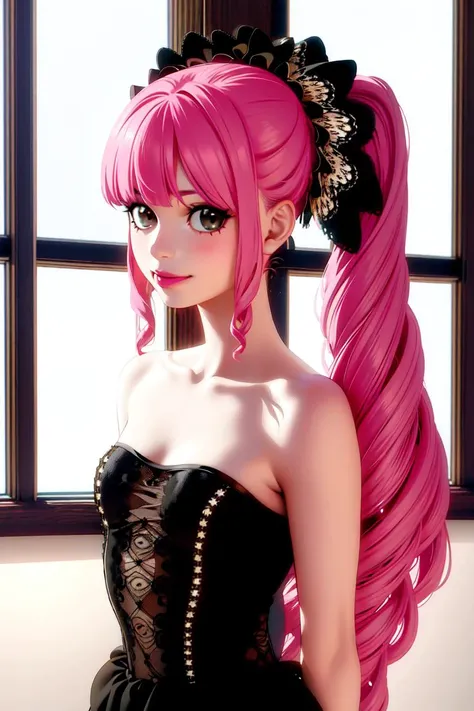 ultra realistic 8k cg, masterpiece, ((ultra detailed background, delicate pattern, intricate detail)), (highly detailed, fine details), best quality, 1girl, (photorealistic:1.4),beautiful lighting, absurdres, RAW photo, film grain, ((medium breasts, slim girl)), PeronaChan, 1girl, long hair, pink hair, solo, black eyes, blunt bangs, twintails, drill hair, smile, dress, (small breasts), lipstick, makeup, black dress, bare shoulders, strapless, collarbone, frills, skirt, thighhighs (complex detailed background, inside, bedroom environment, posters, window), ((close-up, portrait)), <lora:PeronaChan:0.8>