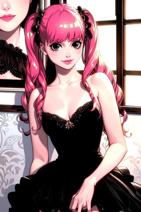 ultra realistic 8k cg, masterpiece, ((ultra detailed background, delicate pattern, intricate detail)), (highly detailed, fine details), best quality, 1girl, (photorealistic:1.4),beautiful lighting,  absurdres, RAW photo, film grain, ((medium breasts, slim girl)), PeronaChan, 1girl, long hair, pink hair, solo, black eyes, blunt bangs, twintails, drill hair, smile, dress, (small breasts),  lipstick, makeup, black dress, bare shoulders, strapless, collarbone, frills, skirt, thighhighs (complex detailed background, inside, bedroom environment, posters, window),  ((close-up, portrait)), <lora:PeronaChan:0.8>
