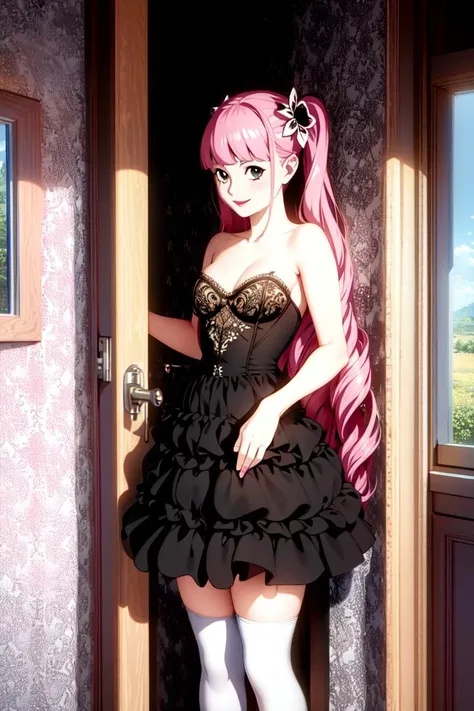 ultra realistic 8k cg, masterpiece, ((ultra detailed background, delicate pattern, intricate detail)), (highly detailed, fine details), best quality, 1girl, (photorealistic:1.4),beautiful lighting, absurdres, RAW photo, film grain, ((medium breasts, slim girl)), PeronaChan, 1girl, long hair, pink hair, solo, black eyes, blunt bangs, cleavage, twintails, drill hair, smile, dress, (small breasts), lipstick, makeup, black dress, bare shoulders, strapless, collarbone, frills, skirt, thighhighs (complex detailed background, inside, bedroom environment, posters, window), <lora:PeronaChan:0.8>