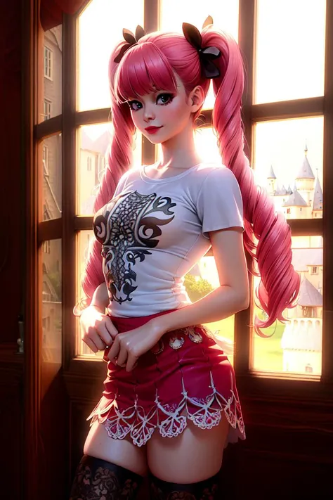 ultra realistic 8k cg, masterpiece, ((ultra detailed background, delicate pattern, intricate detail)), (highly detailed, fine details), best quality, 1girl, (photorealistic:1.4),beautiful lighting, absurdres, RAW photo, film grain, ((medium breasts, slim girl)), PeronaChan, 1girl, long hair, pink hair, solo, black eyes, blunt bangs, twintails, drill hair, smile, (small breasts), lipstick, makeup, ((short skirt, white T-shirt, simple T-shirt)), thighhighs (complex detailed background, complex detailed background, inside, castle room environment, medieval castle, gray walls, window, bookshelf), ((cowboy shot)), <lora:PeronaChan:0.8>