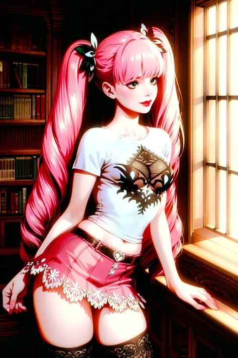 ultra realistic 8k cg, masterpiece, ((ultra detailed background, delicate pattern, intricate detail)), (highly detailed, fine details), best quality, 1girl, (photorealistic:1.4),beautiful lighting, absurdres, RAW photo, film grain, ((medium breasts, slim girl)), PeronaChan, 1girl, long hair, pink hair, solo, black eyes, blunt bangs, twintails, drill hair, smile, (small breasts), lipstick, makeup, ((short skirt, white T-shirt, simple T-shirt)), thighhighs (complex detailed background, complex detailed background, inside, castle room environment, medieval castle, gray walls, window, bookshelf), ((close-up, portrait)), <lora:PeronaChan:0.8>