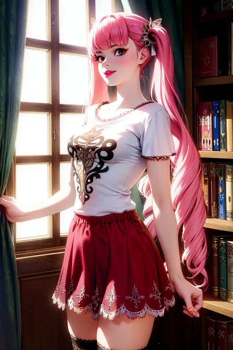 ultra realistic 8k cg, masterpiece, ((ultra detailed background, delicate pattern, intricate detail)), (highly detailed, fine details), best quality, 1girl, (photorealistic:1.4),beautiful lighting, absurdres, RAW photo, film grain, ((medium breasts, slim girl)), PeronaChan, 1girl, long hair, pink hair, solo, black eyes, blunt bangs, twintails, drill hair, smile, (small breasts), lipstick, makeup, ((short skirt, white T-shirt, simple T-shirt)), thighhighs (complex detailed background, complex detailed background, inside, castle room environment, medieval castle, gray walls, window, bookshelf), ((close-up, portrait)), <lora:PeronaChan:0.8>