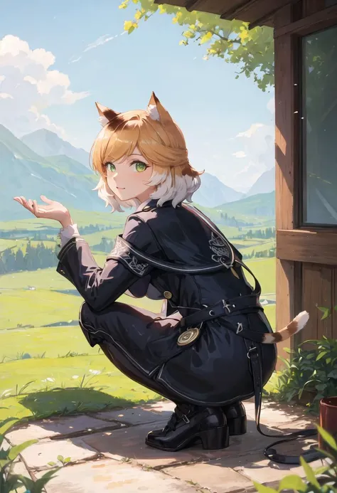 {safe:1.10}, best quality, masterpiece, highres, solo, {mousse_arknights:0.90}, squatting, cowboy_shot, looking at viewer
