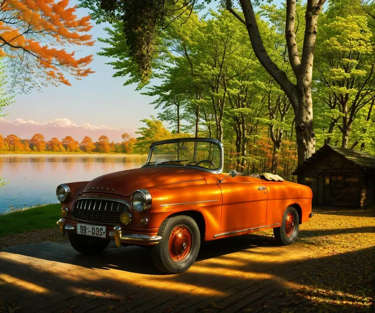 RAW photo, (bright red old rusty metal cabrio car:1.1), front view, wooden shack by the lake, intertwined roots, autumn, blue sky, sunset, falling leaves, cracked wood trunks, volumetric lights, cinematic, mist
realistic, 8k uhd, dslr, cinematic lighting, high quality, film grain, Fujifilm XT3
<lyco:skoda-felicia-cabrio-loha:0.95> <lora:entropy-alpha:.05>