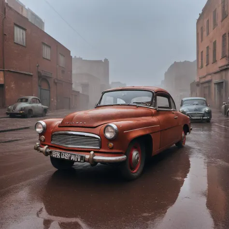 cinematic film still urban cyberpunk dystopian city, , (front dynamic view:1.1), main focus (bright-red rusty car:1.3), grit, stains, dynamic view, cloudy sky, dusty road, volumetric lights, cinematic, mist realistic, 8k uhd, dslr, cinematic lighting, high quality, film grain, Fujifilm XT3 
 <lora:SkodaFelicia-SDXL:1> <lora:Grit-SDXL:1> <lora:Cloudify-SDXL:1> . shallow depth of field, vignette, highly detailed, high budget Hollywood movie, bokeh, cinemascope, moody, epic, gorgeous, film grain, grainy